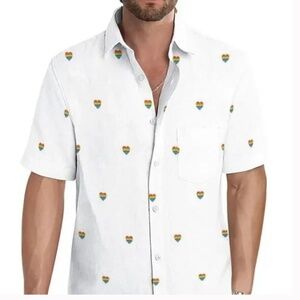 Denim & Flower Pride Edition Shirt – Rainbow Hearts Button-Up – Men’s XL